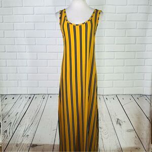 10/$25🦋 LOVE Mustard Yellow & Navy Blue Striped Sleeveless Maxi Dress - Size 1X